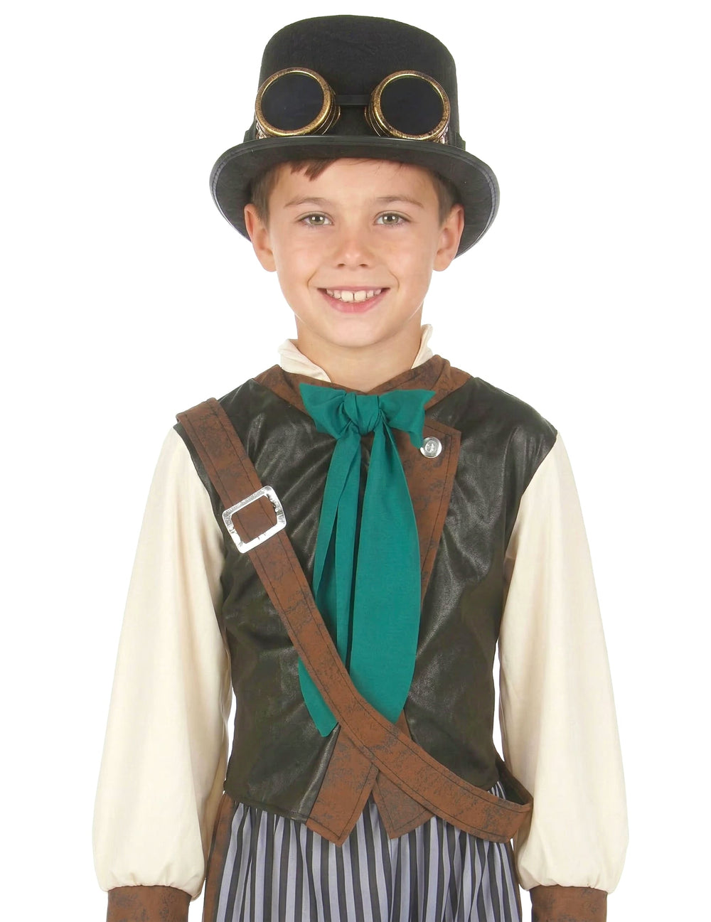 Gros plan sur le gilet et le chapeau du déguisement steampunk dandy pour enfant