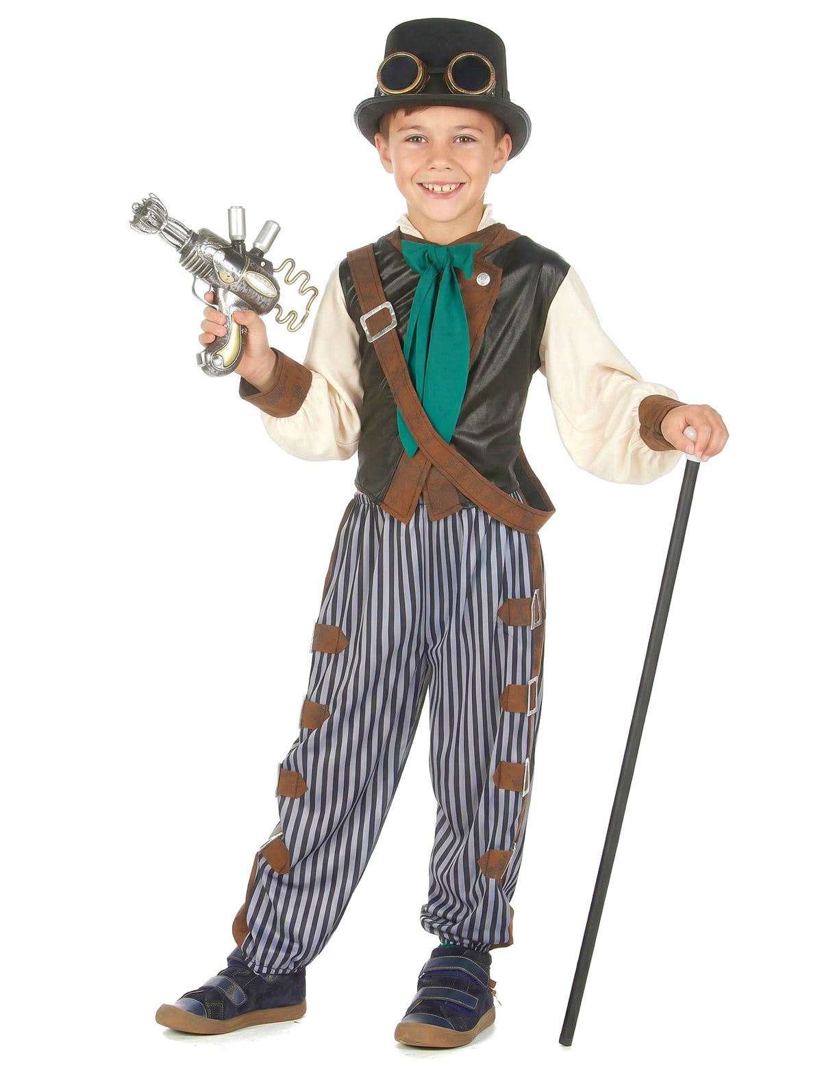 Déguisement steampunk dandy pour enfant marron et noir avec pantalon rayé et chapeau haut de forme
