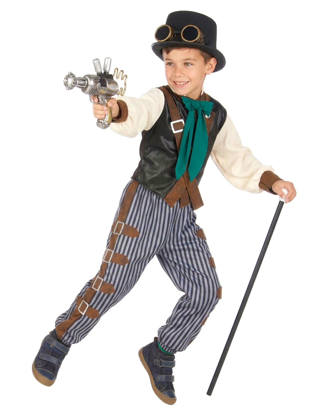 Vue d'ensemble avec accessoires du déguisement steampunk dandy pour enfant