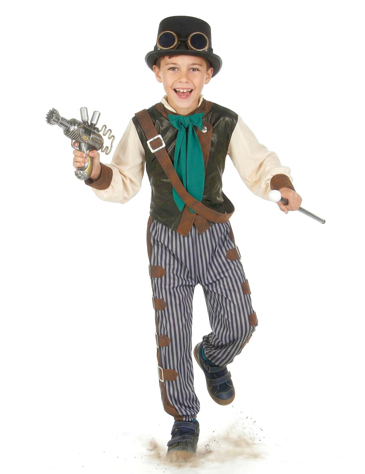 Mise en scène avec pistolet et canne du déguisement steampunk dandy pour enfant