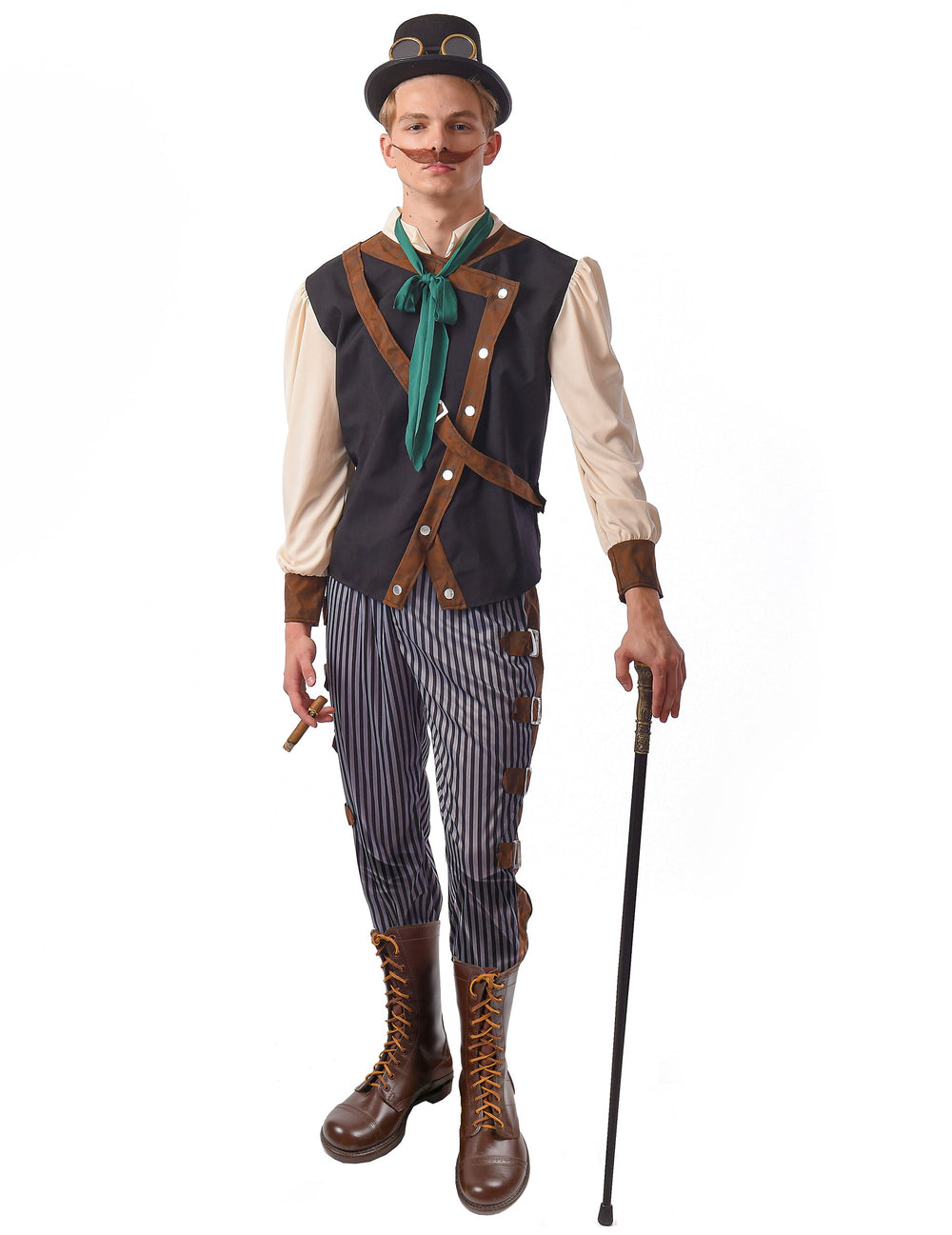 Déguisement steampunk dandy pour homme marron et noir avec gilet et pantalon rayé