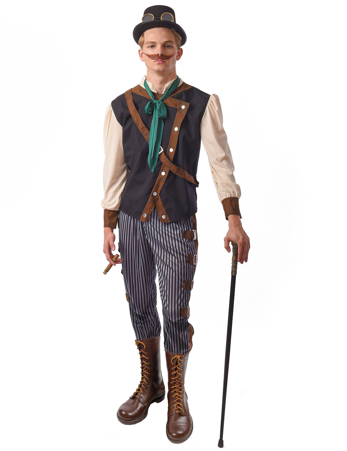 Déguisement steampunk dandy pour homme marron et noir avec gilet et pantalon rayé