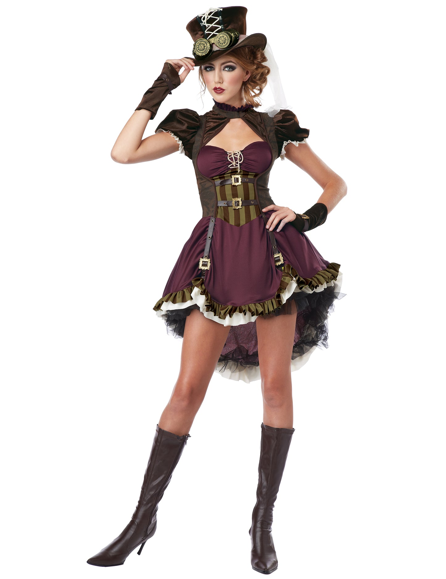 Déguisement steampunk pour femme bordeaux avec chapeau et lunettes