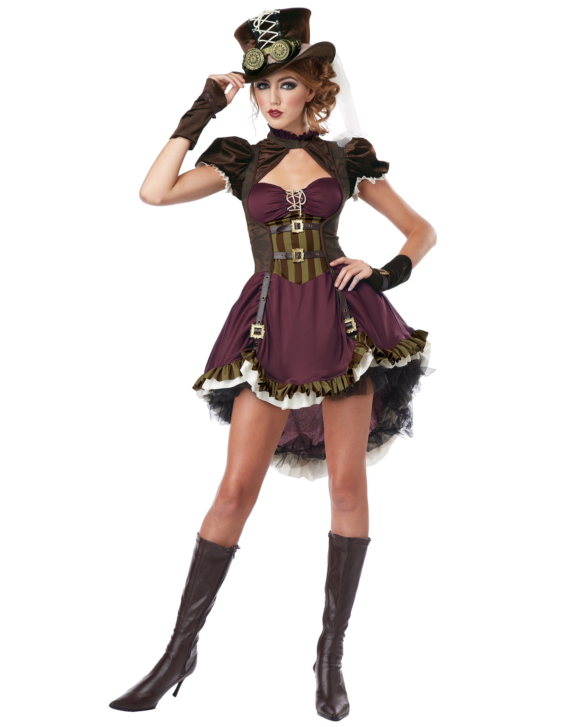 Déguisement steampunk pour femme bordeaux avec chapeau et lunettes