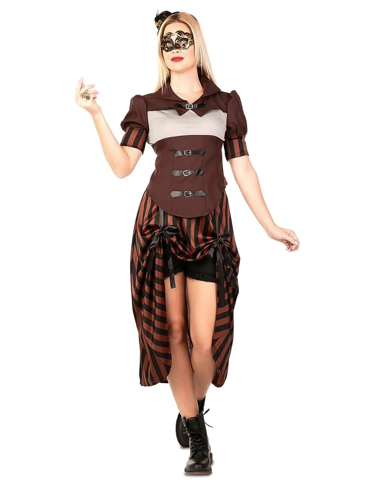 Pohľad spredu s doplnkami steampunk kostýmu pre ženu