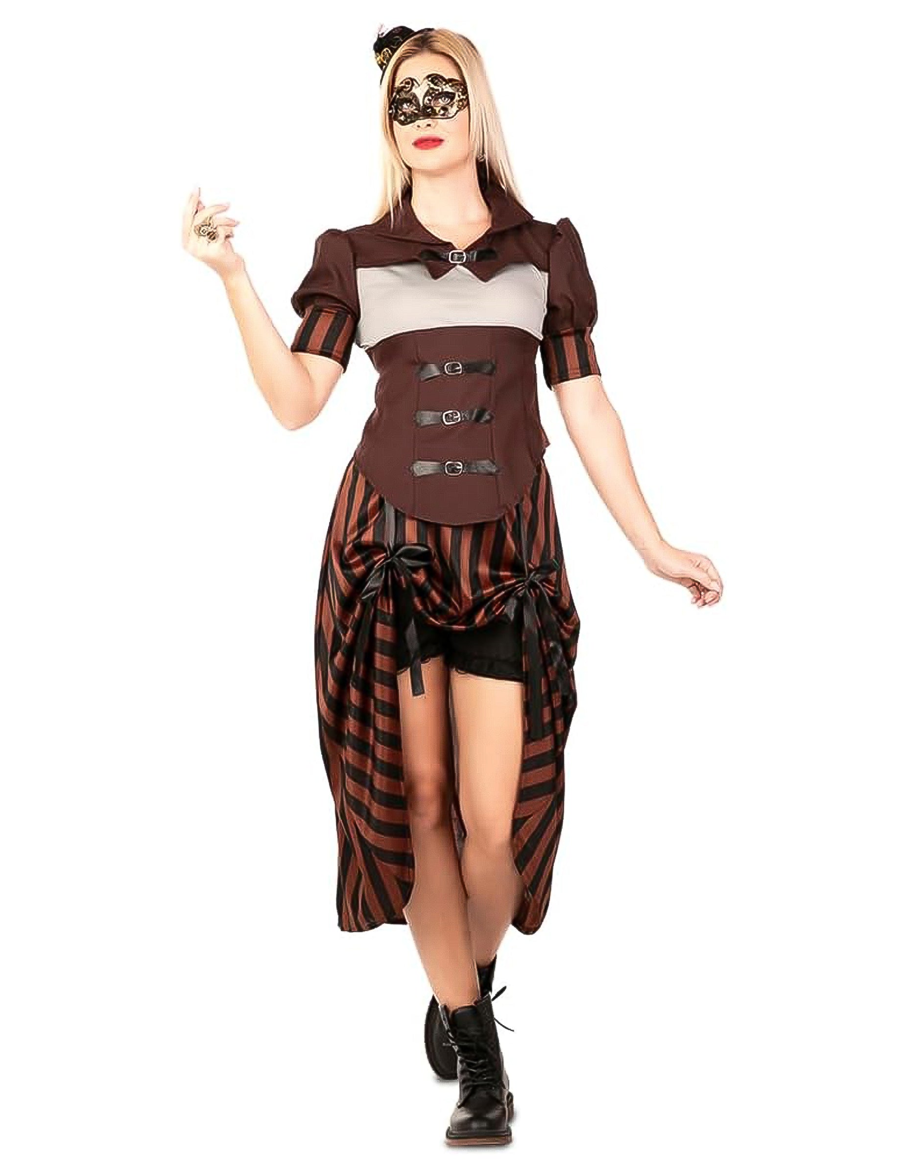 Vue de face avec accessoires du déguisement steampunk pour femme