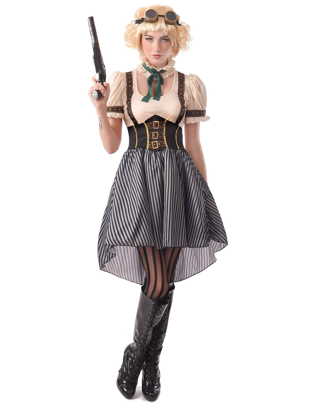 Steampunk kostým pre ženu béžová a čierna s pruhovanou sukňou