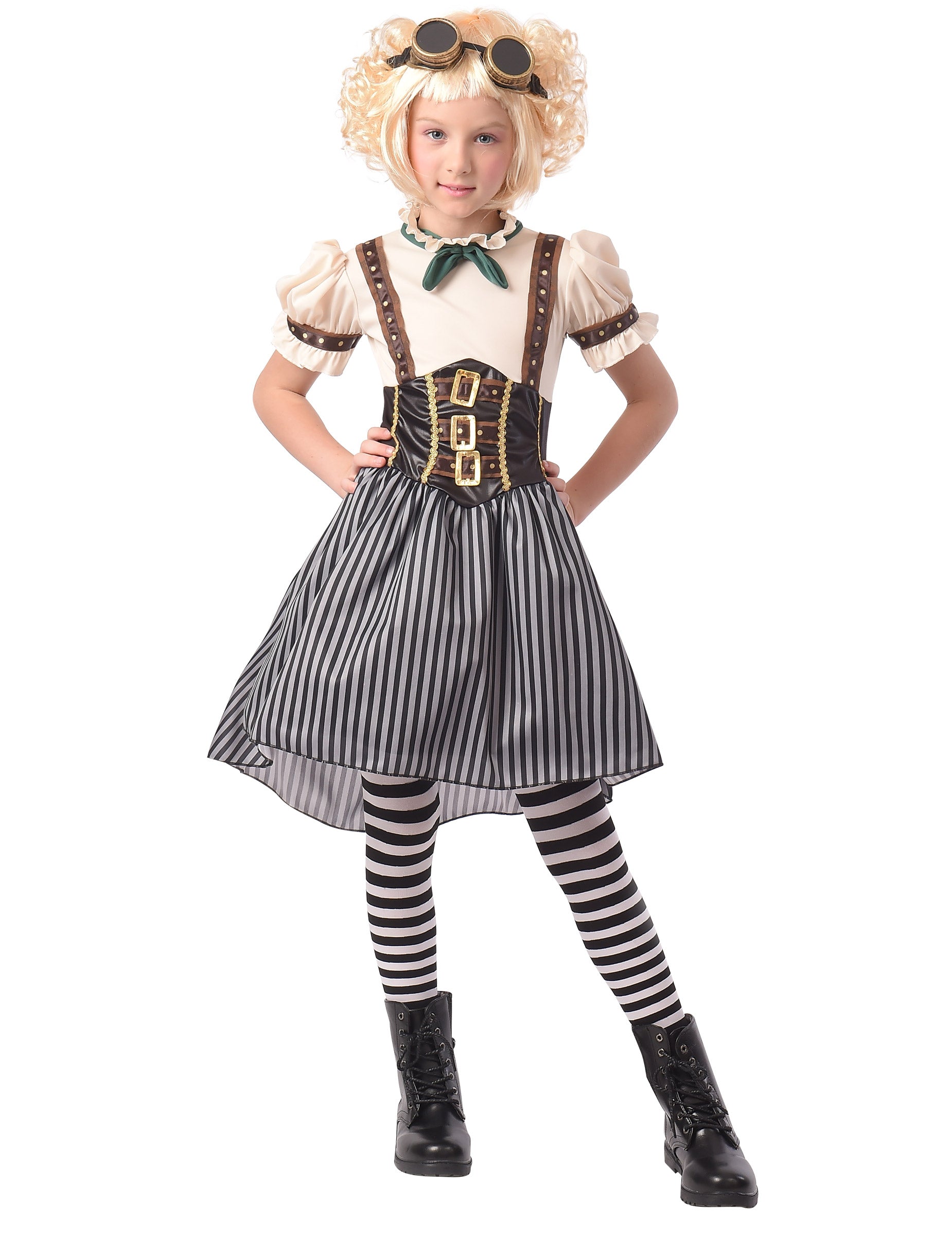 Déguisement steampunk pour fille rayé noir et blanc avec corset et lunettes