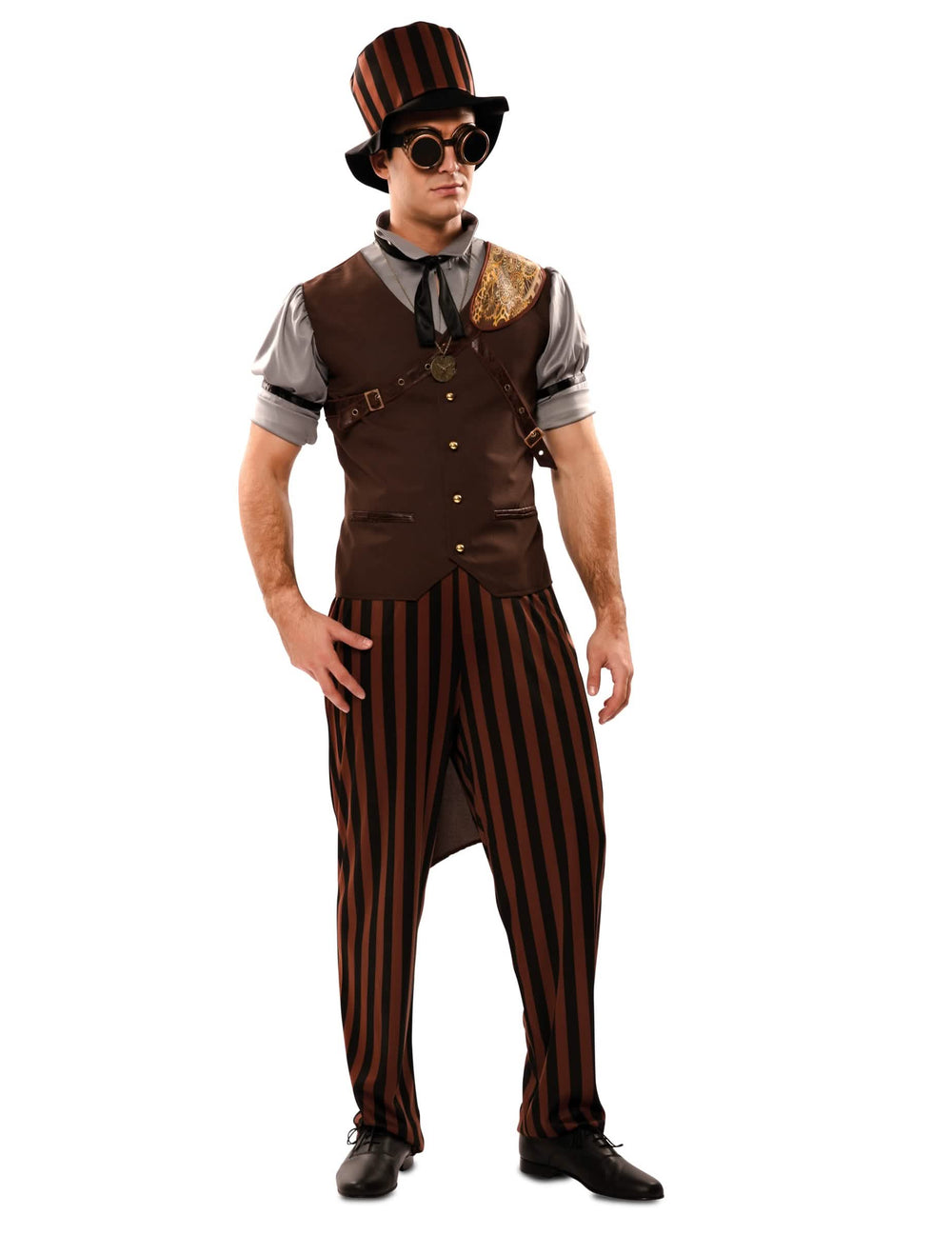 Pohľad spredu na steampunkový kostým pre mužaz