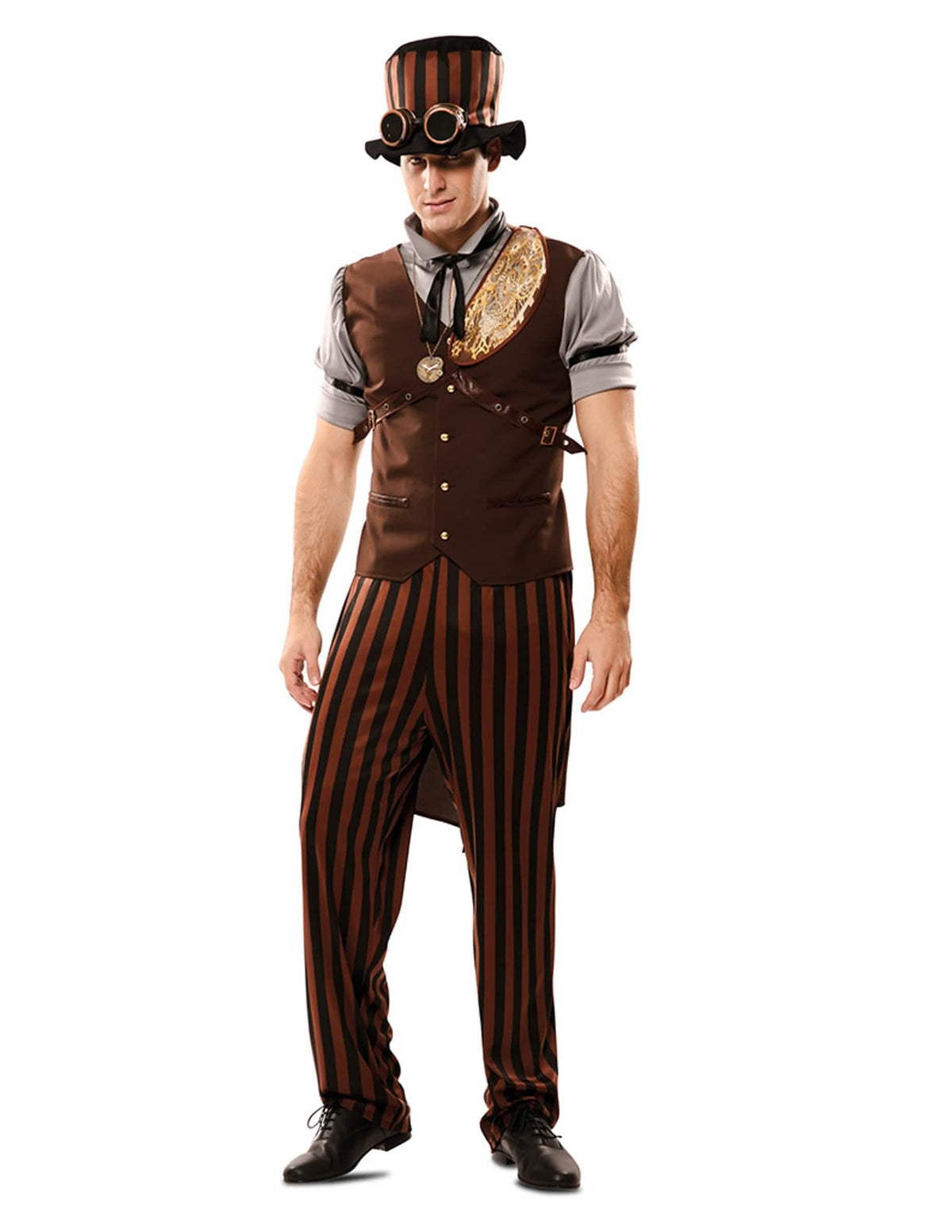 Steampunk kostým pre muž v hnedá a čierna s pruhmi s klobúkom a okuliare