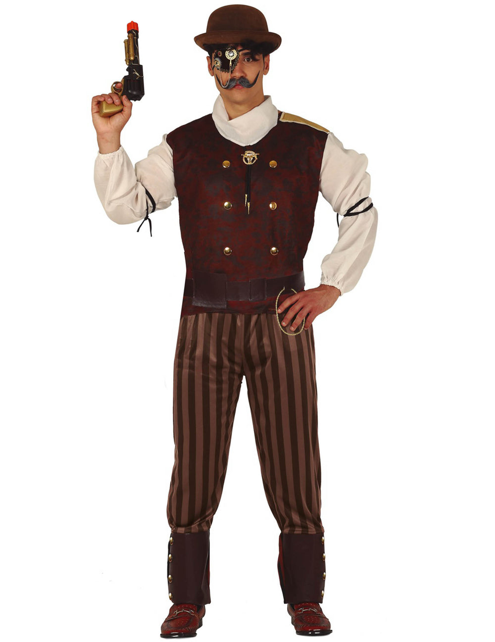 Déguisement steampunk pour homme marron et bordeaux avec pantalon rayé