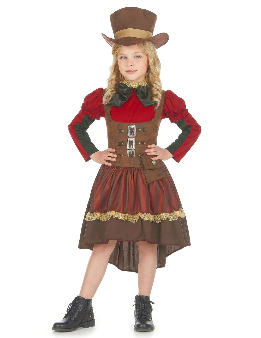 Vue de face portée du déguisement steampunk luxe pour fille