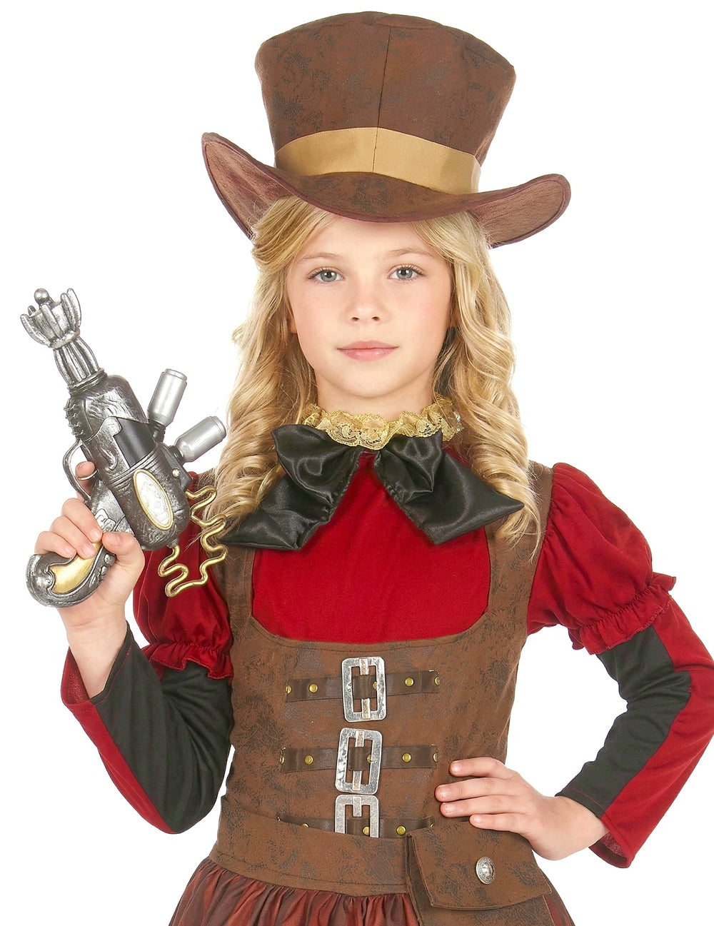 Gros plan sur le buste et le chapeau du déguisement steampunk luxe
