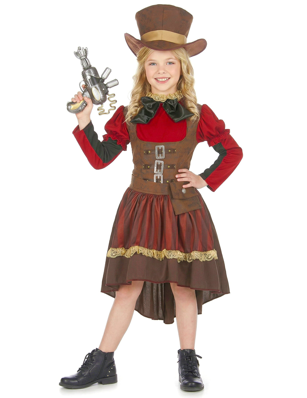 Déguisement steampunk luxe pour fille marron et rouge avec chapeau haut de forme