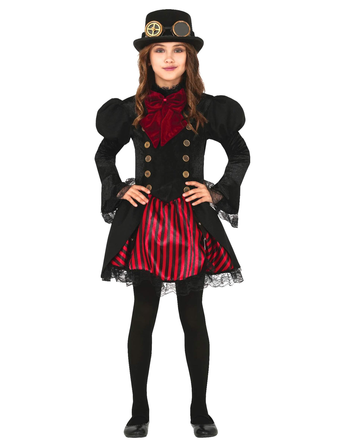 Steampunk červená glamour kostým pre dievča čierna a červená s cylindrom