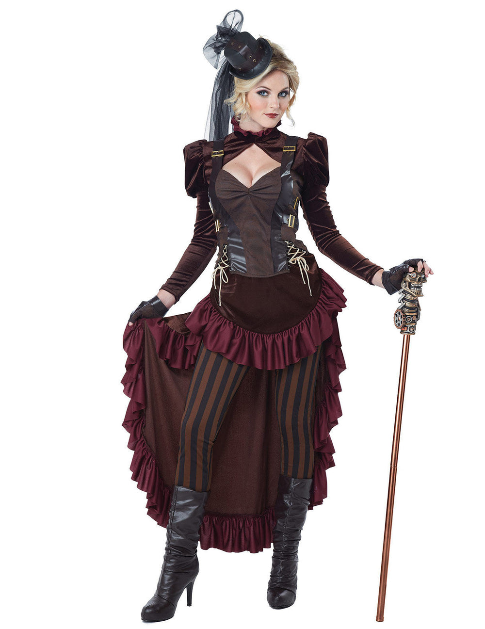 Déguisement steampunk sexy pour femme marron et bordeaux avec mini haut-de-forme