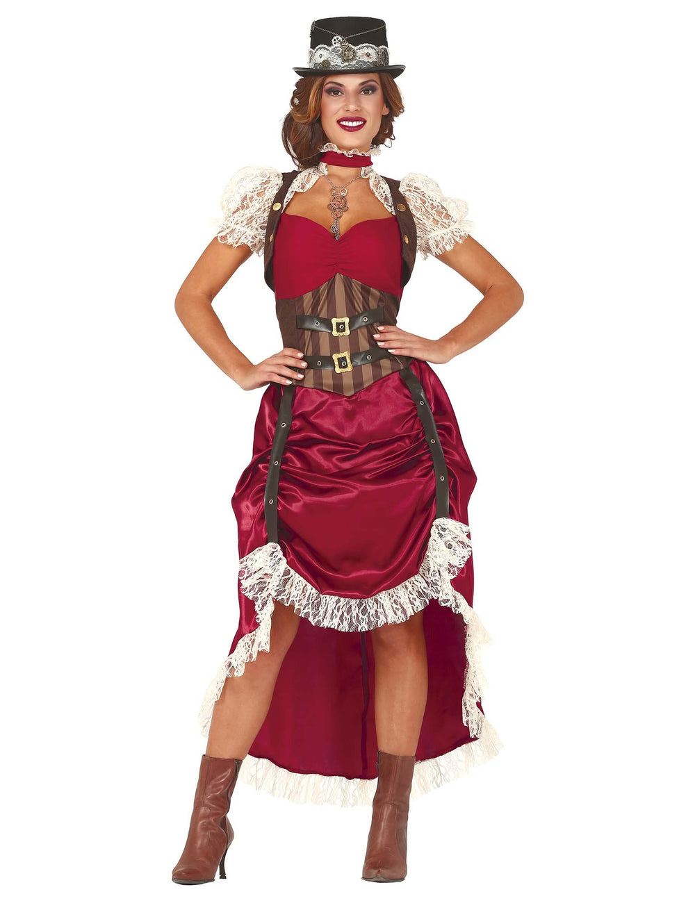 Steampunk sexi dámsky kostým červená s korzetom a klobúkom
