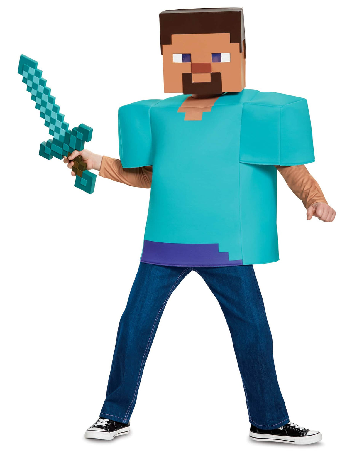 Pixelový meč držaný s klasickým kostýmom Steve Minecraft