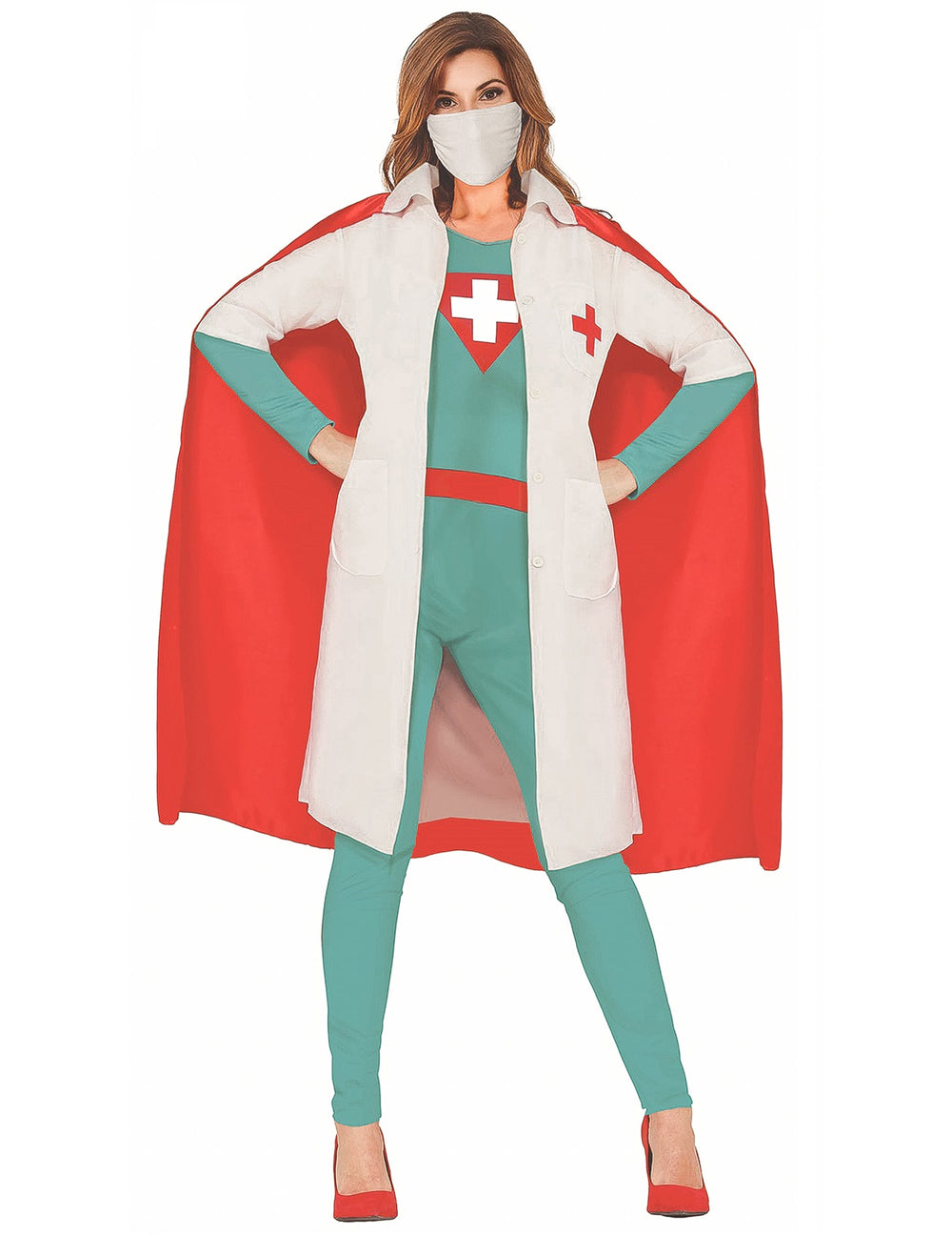 Déguisement super docteur pour femme blanc rouge et bleu canard avec cape et masque