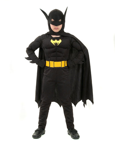 Déguisement super héros chauve-souris pour garçon noir avec ceinture et logo jaunes