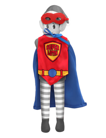 Déguisement super lutin pour poupée lutin farceur rouge et bleu avec masque et cape