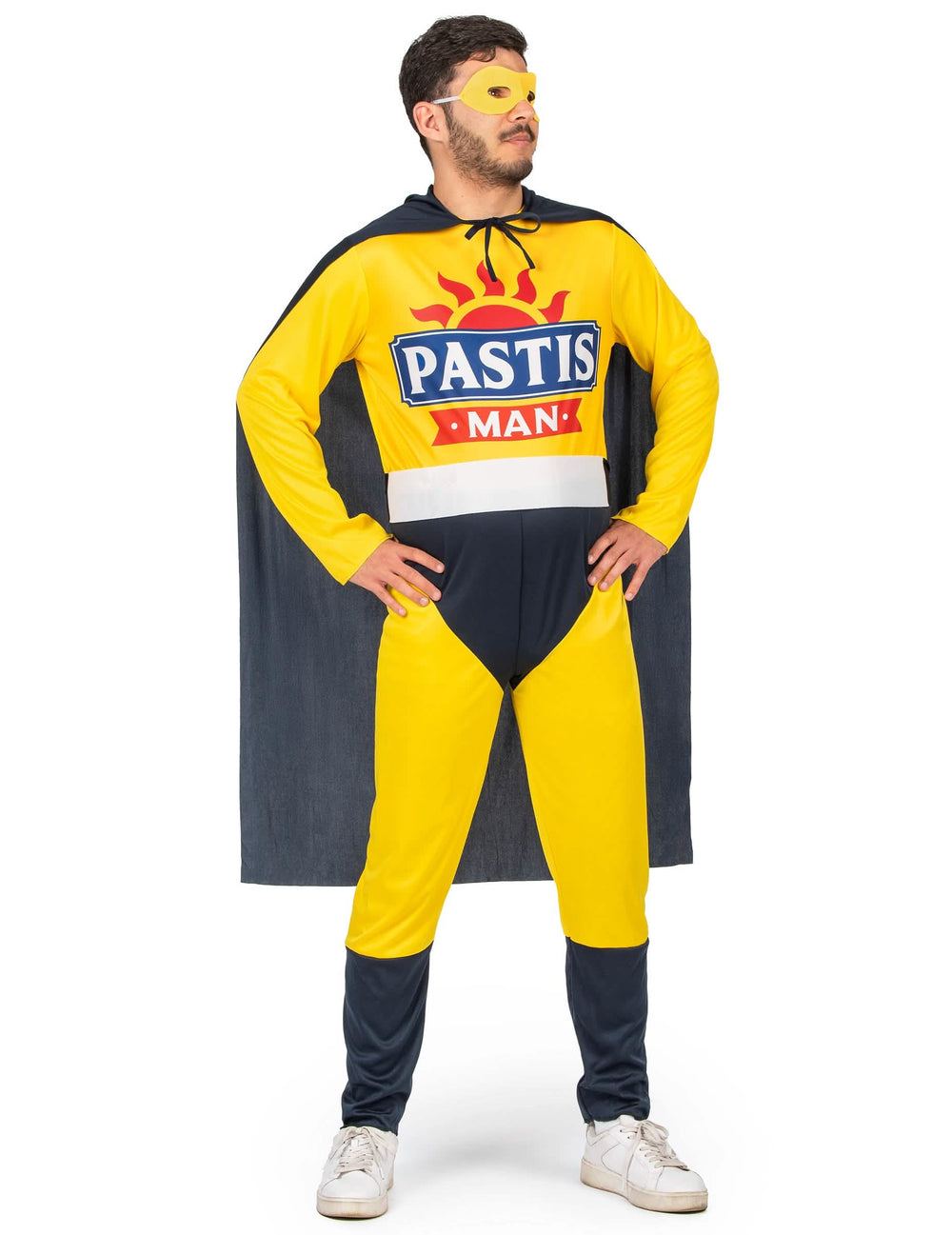 Kostým Super Pastis Man pre muž žltá a námornícka modrá s plášťom a maskou