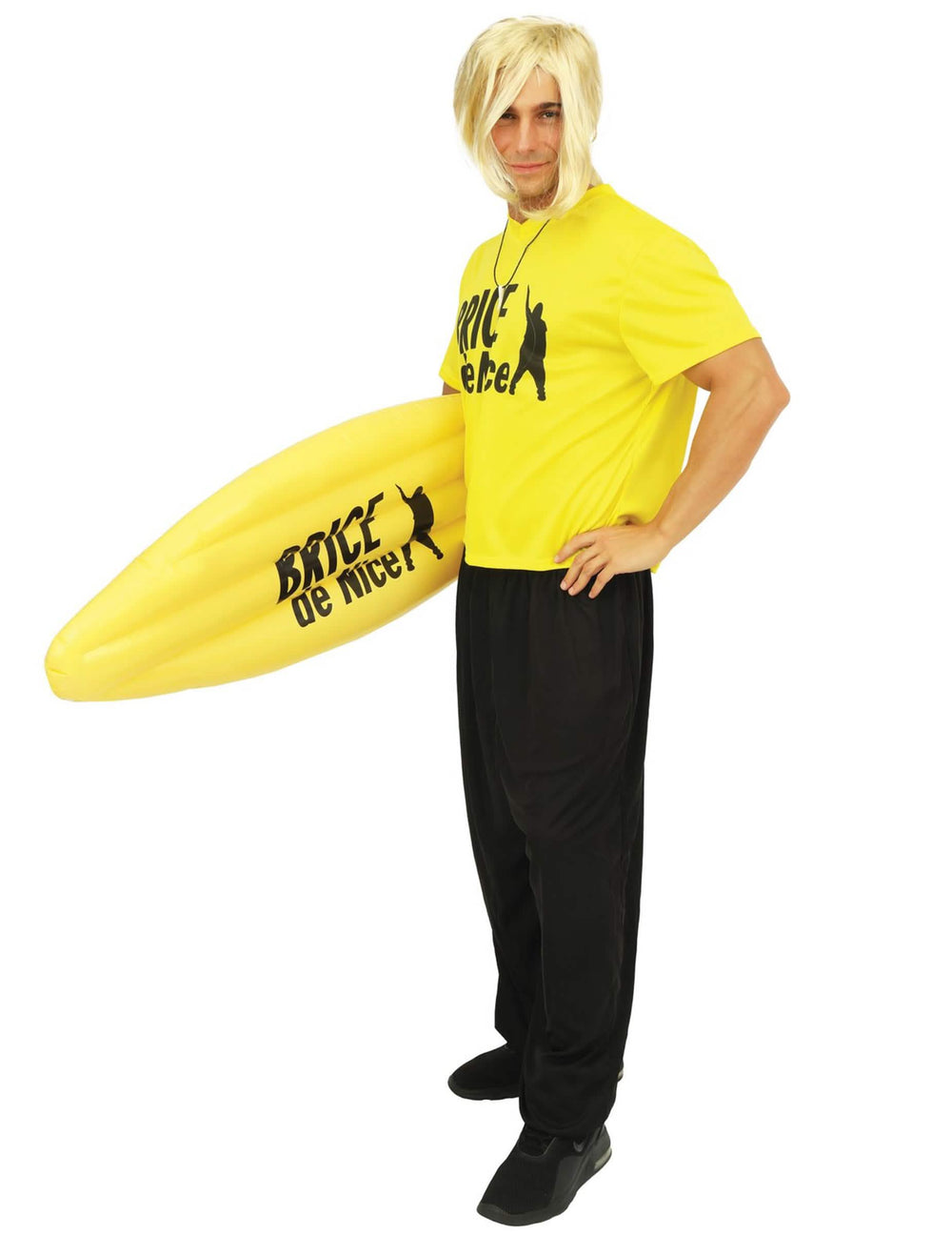 Kostým surfera Brice de Nice™ pre muž žltá s blond parochňou a surfovou doskou
