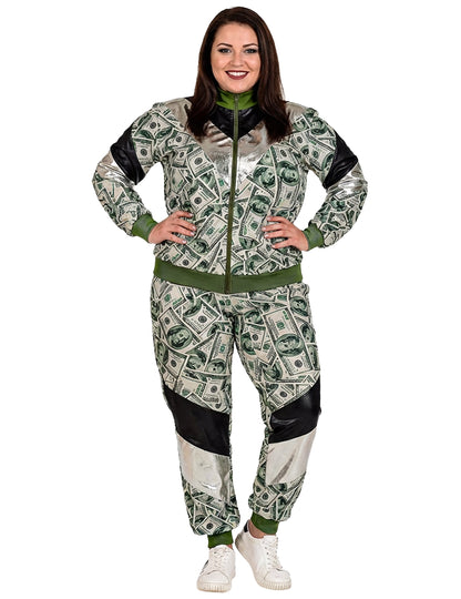 Vue de face portée par une femme du déguisement survêtement billet dollar
