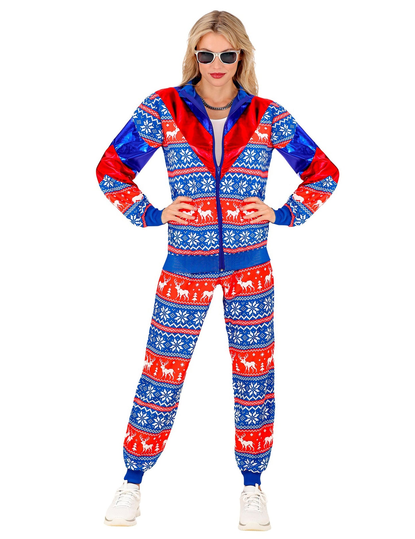 Modročervený vianočný teplákový kostým pre dospelých