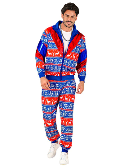 Modročervený vianočný teplákový kostým pre dospelých