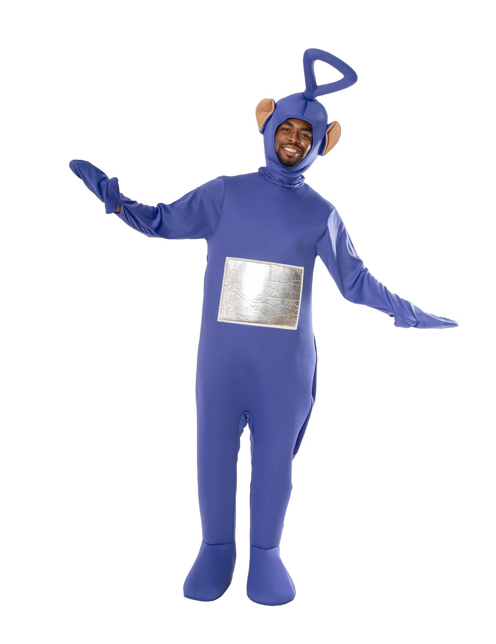 Čelný pohľad s otvorenými rukami na kostým Teletubbies Tinky Winky pre dospelý