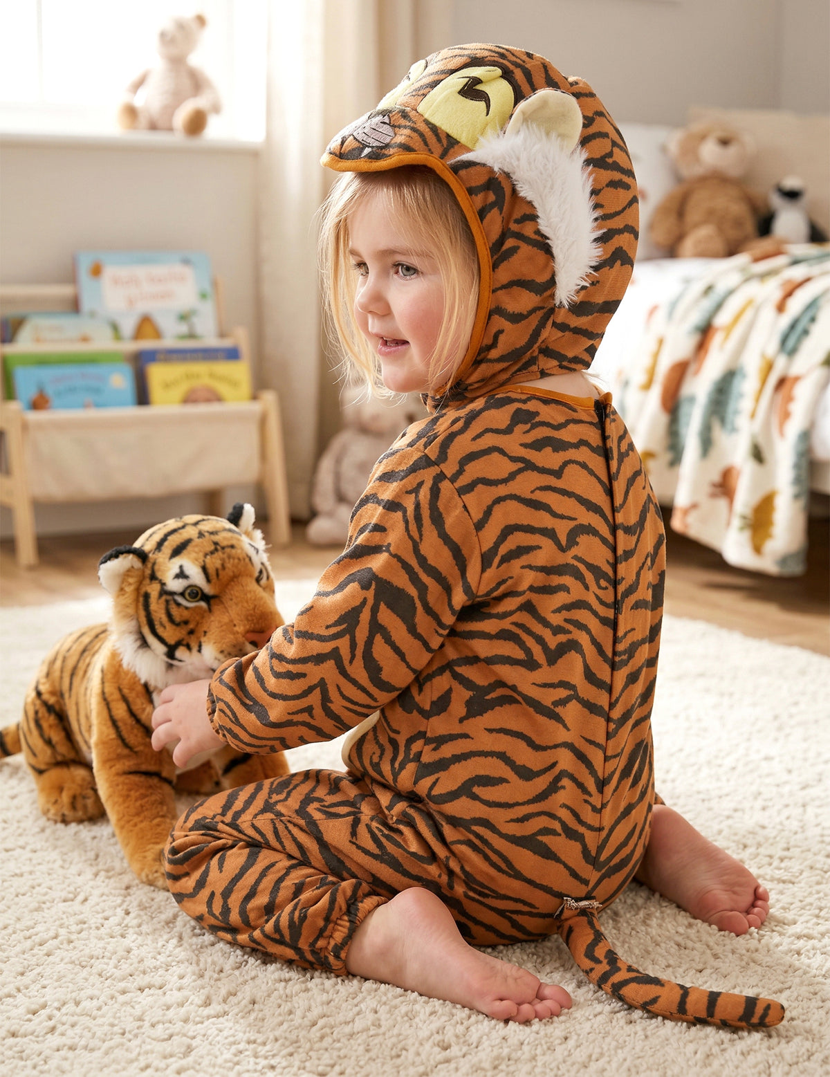 Vue de profil du déguisement tigre avec queue pour enfant