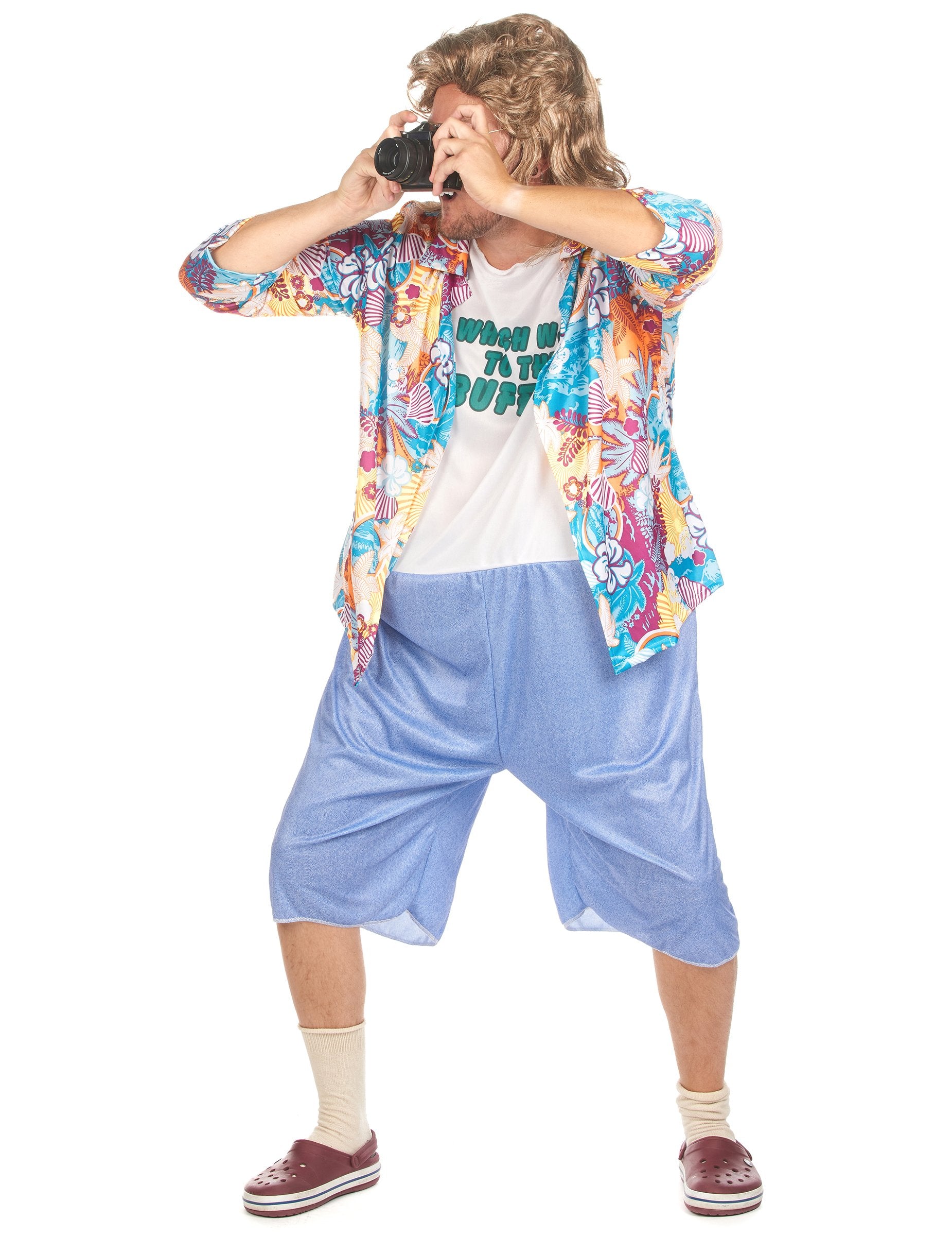 Mise en scène avec appareil photo du déguisement de touriste kitsch pour adulte