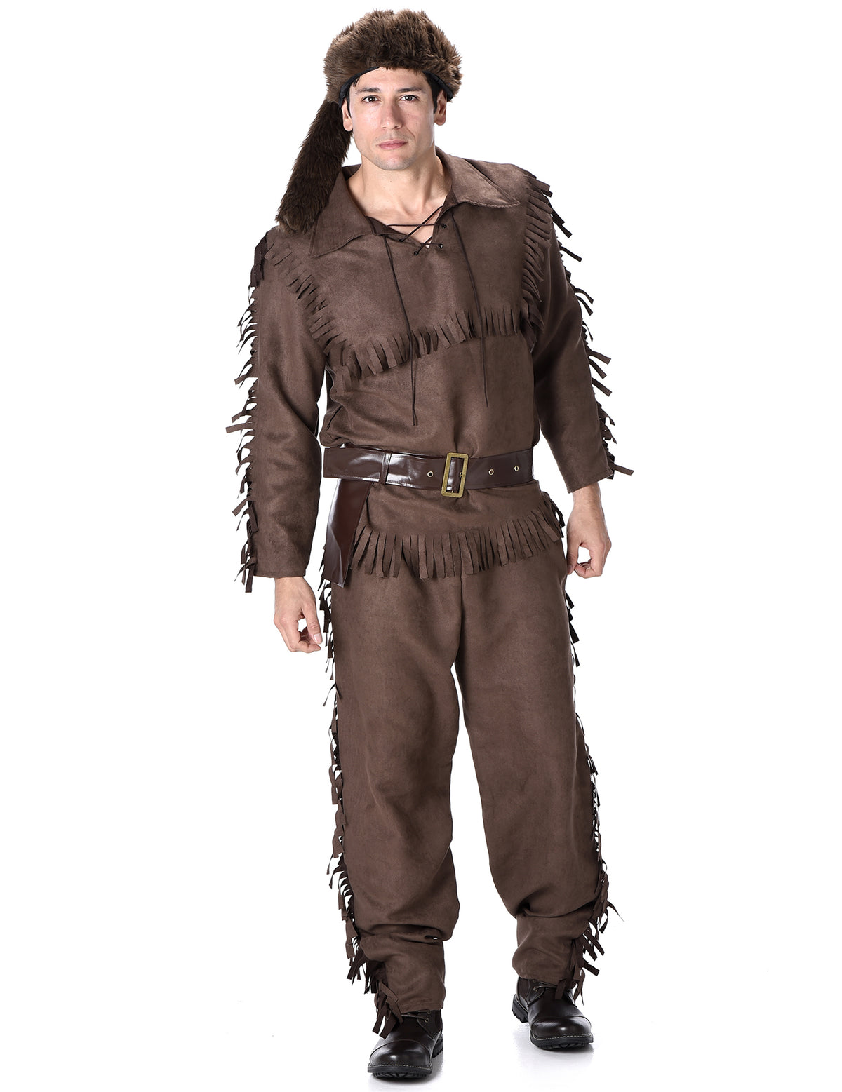 Déguisement de trappeur pour homme marron avec franges et chapeau en fourrure