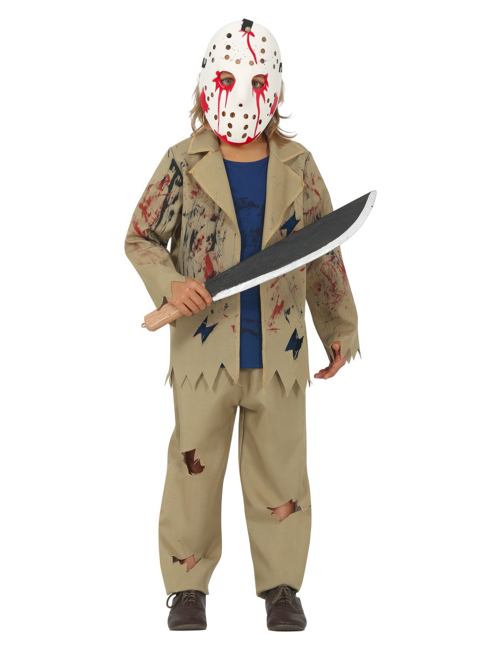 Déguisement tueur à la machette pour garçon beige ensanglanté avec masque et machette