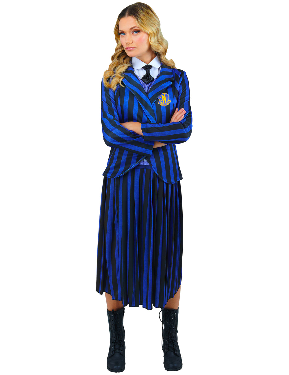 Déguisement uniforme scolaire Enid - Wednesday™ pour adulte bleu et noir à rayures