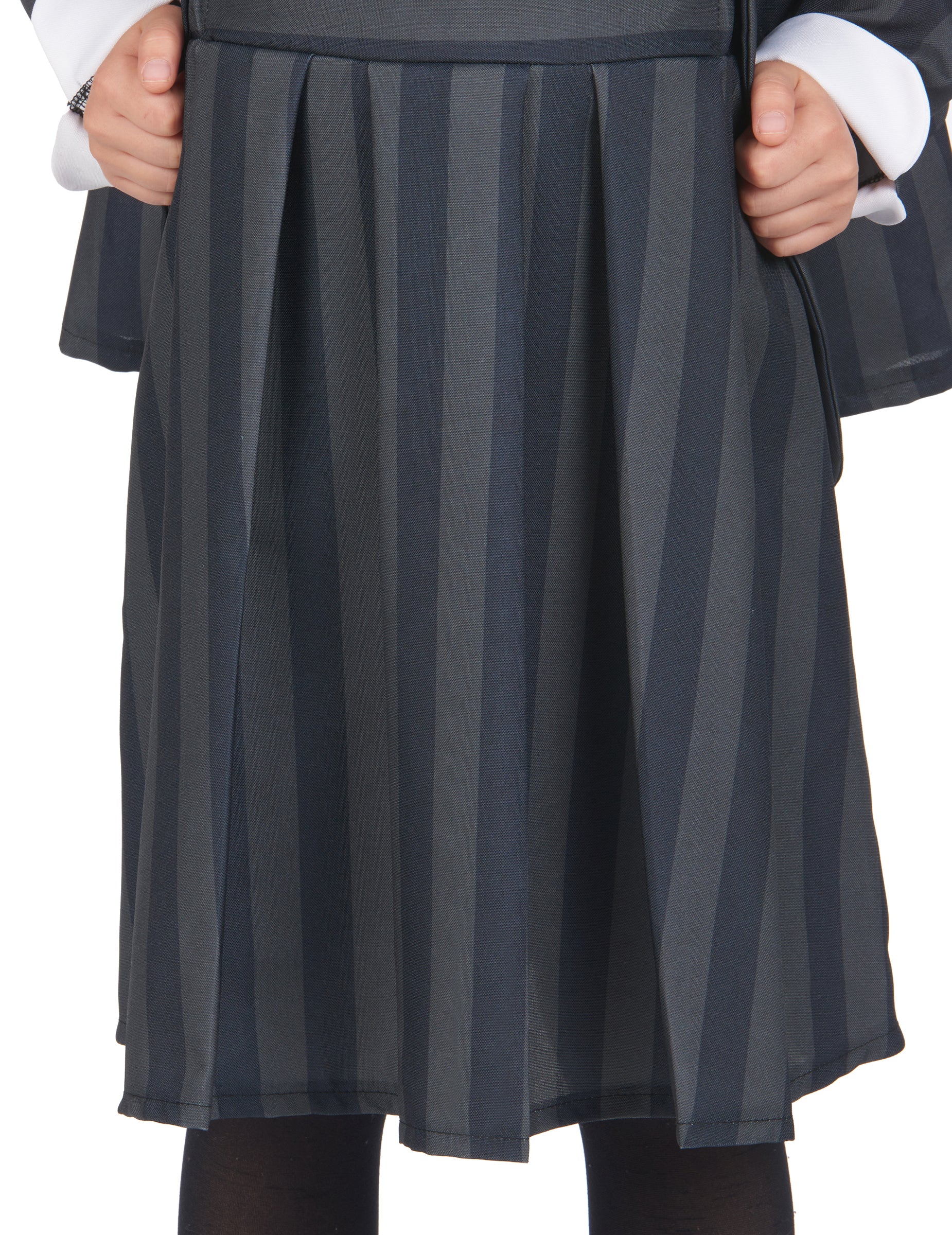 Détail de la jupe plissée à rayures du déguisement uniforme scolaire gothique pour enfant