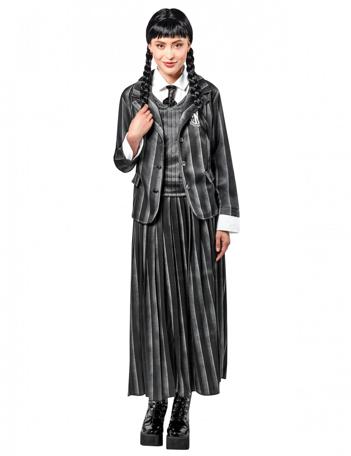 Déguisement uniforme scolaire Mercredi Addams™ pour femme gris et noir rayé