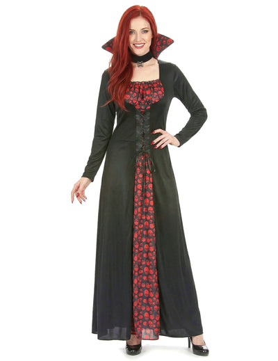 Déguisement de vampire élégant pour femme noir et rouge à motifs de têtes de mort