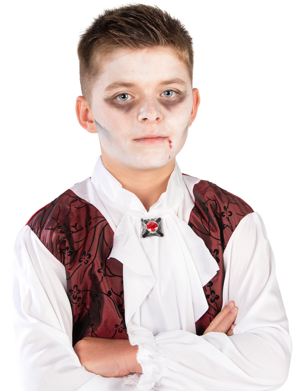 Gros plan sur le maquillage et le buste du déguisement vampire élégant pour garçon