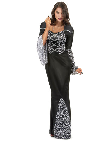 Dámsky kostým upíra čierny s barokovými striebornými vzormi