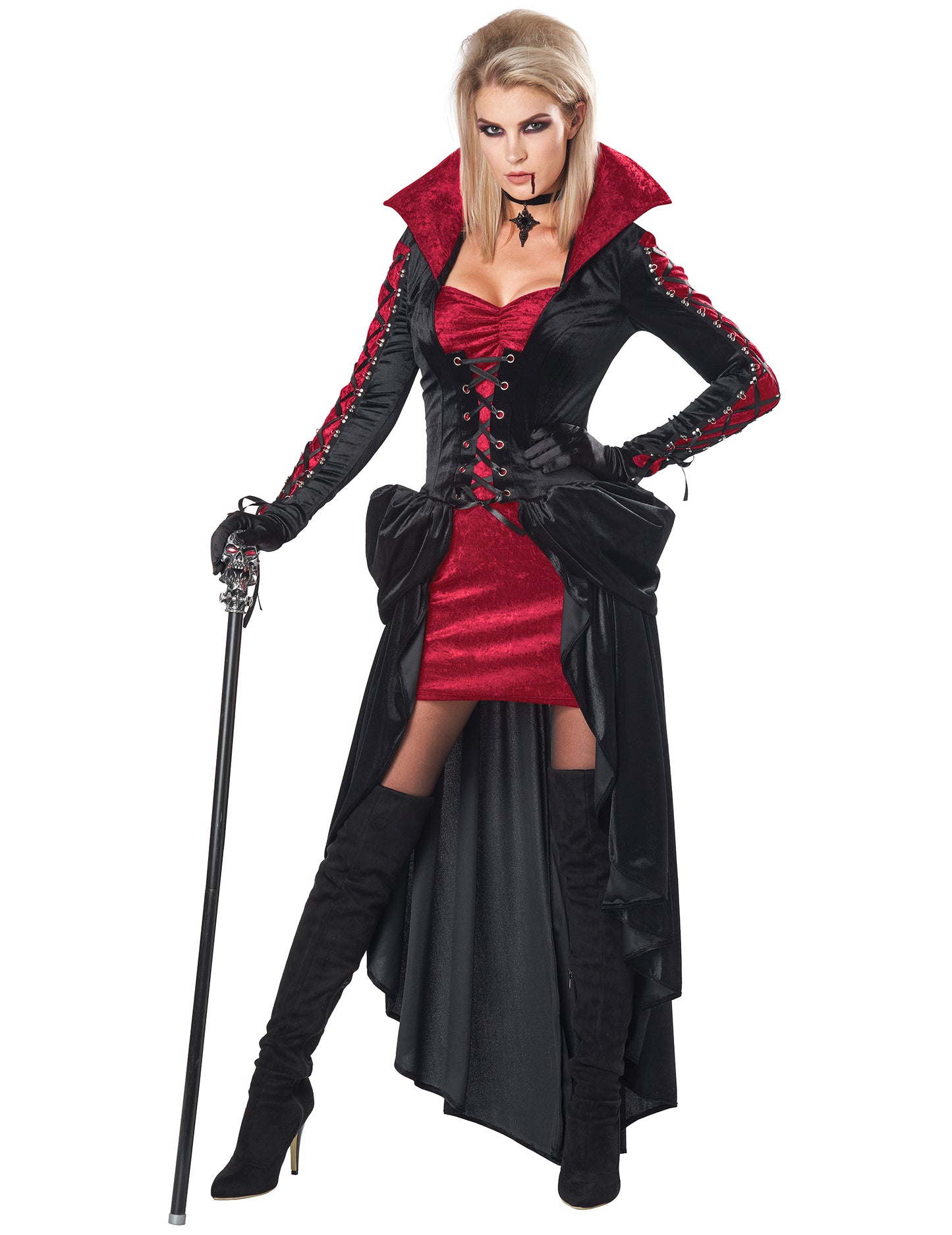 Vue de face avec canne du déguisement vampire à laçages luxe