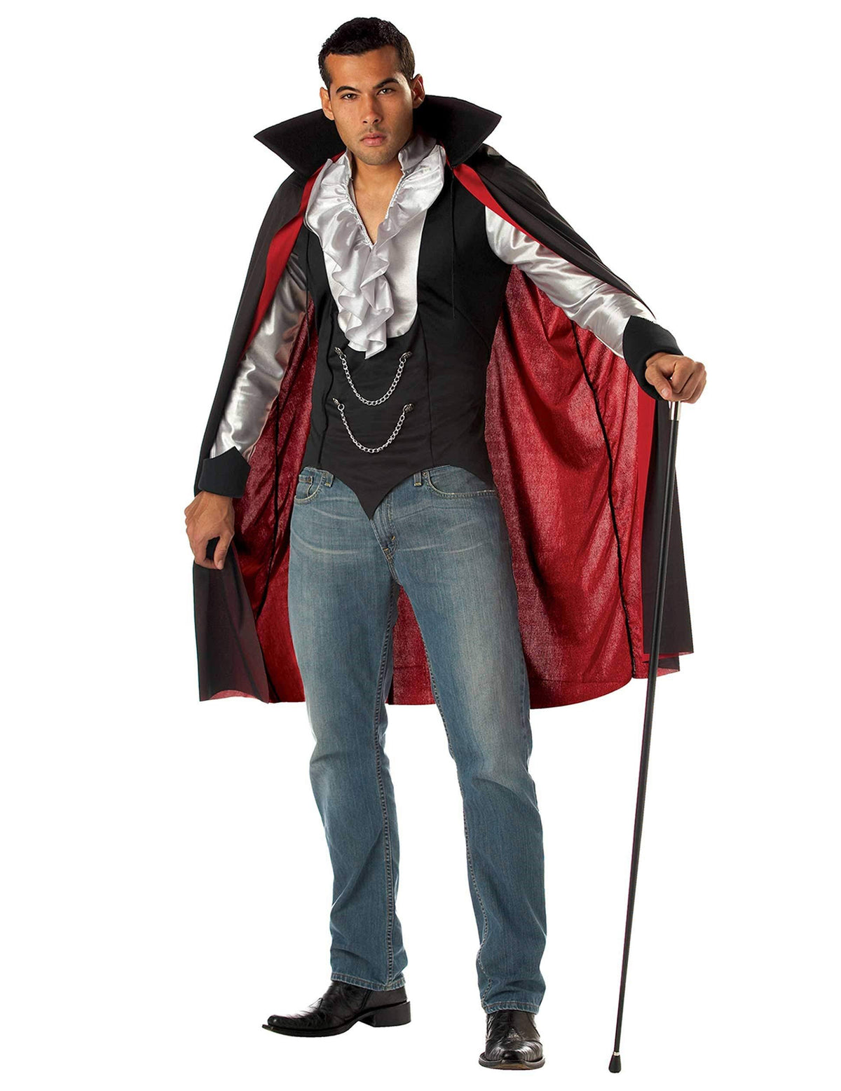 Déguisement de vampire gentleman pour homme Halloween noir et rouge avec jabot argenté