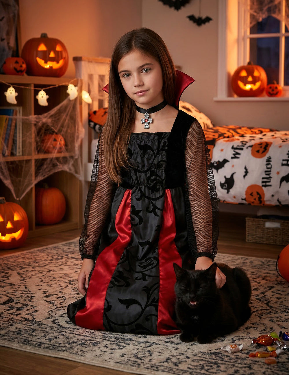Mise en situation dans un décor d'Halloween du déguisement Vampire satiné pour fille