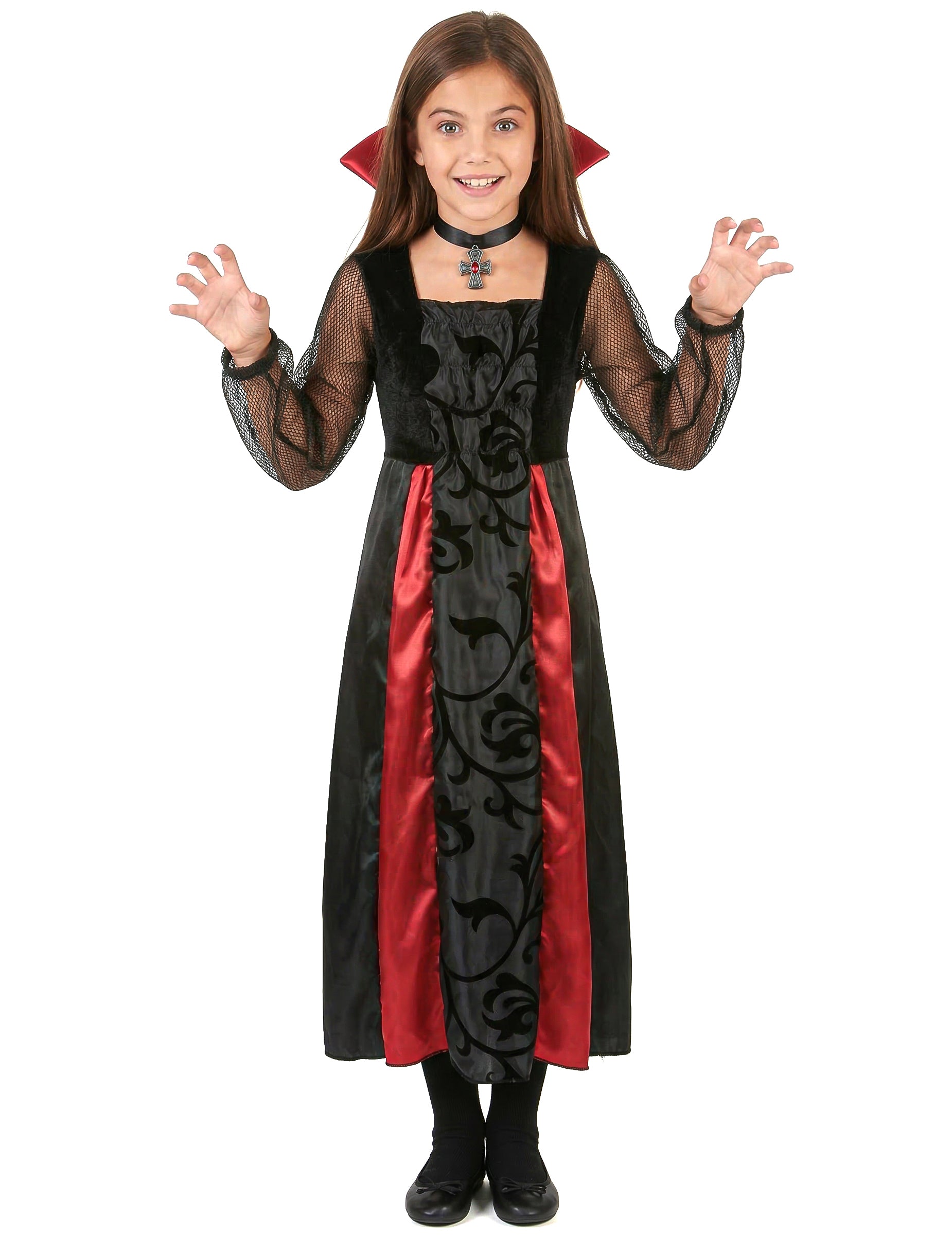 Déguisement Vampire satiné pour fille noir et rouge avec col et médaillon