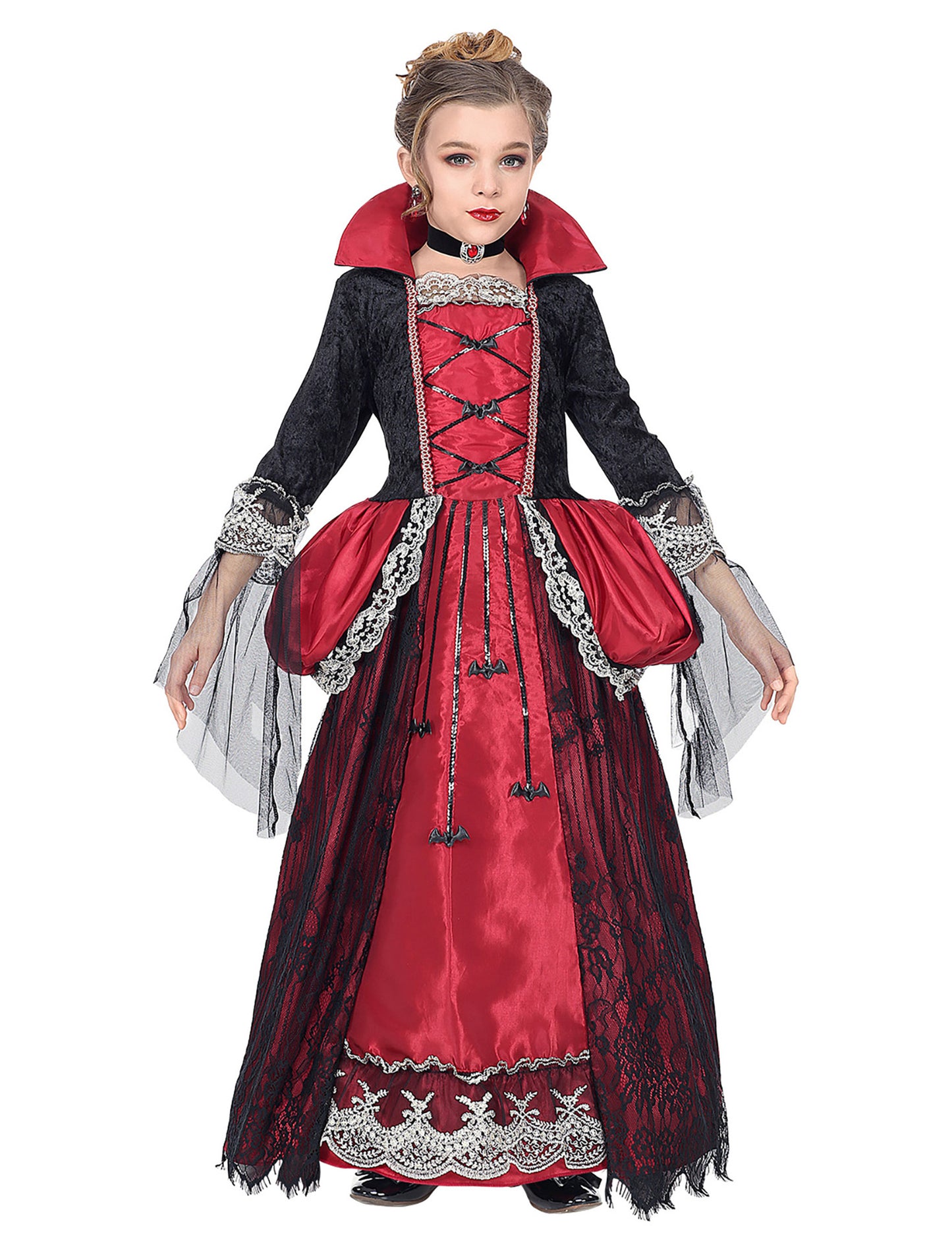 Déguisement de vampiresse duchesse pour fille rouge et noir avec dentelle et col montant