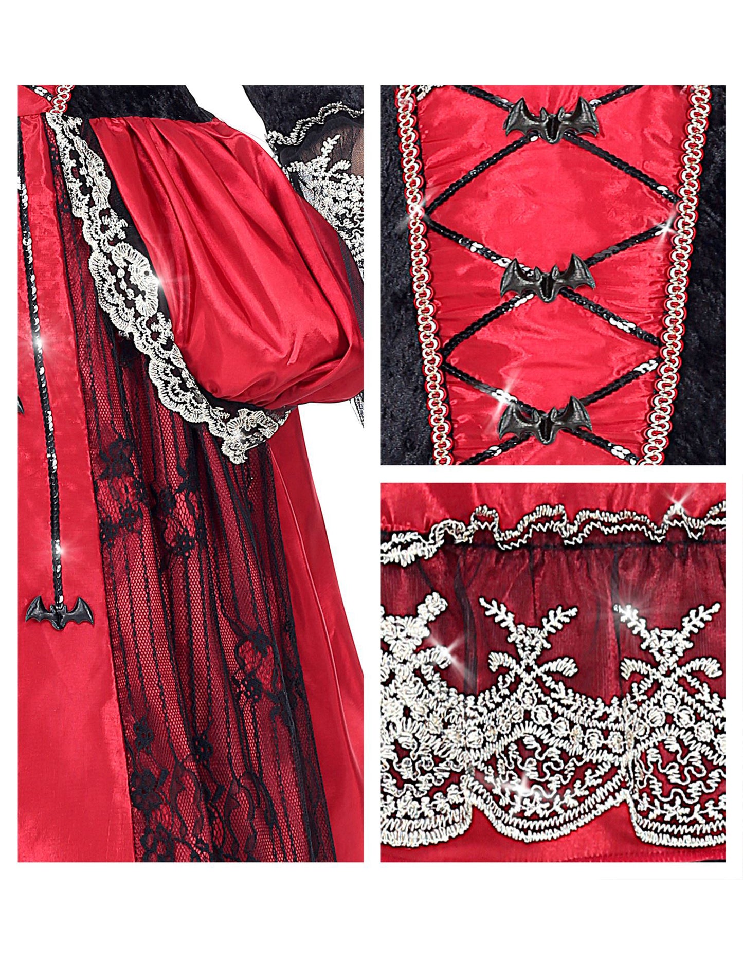 Détails de la dentelle et des chauve-souris du déguisement de vampiresse duchesse