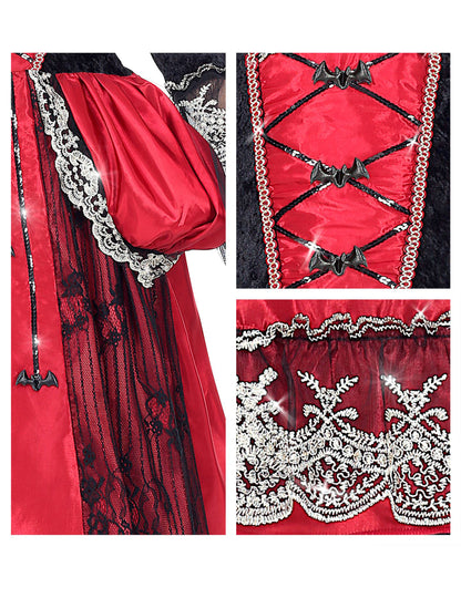 Détails de la dentelle et des chauve-souris du déguisement de vampiresse duchesse