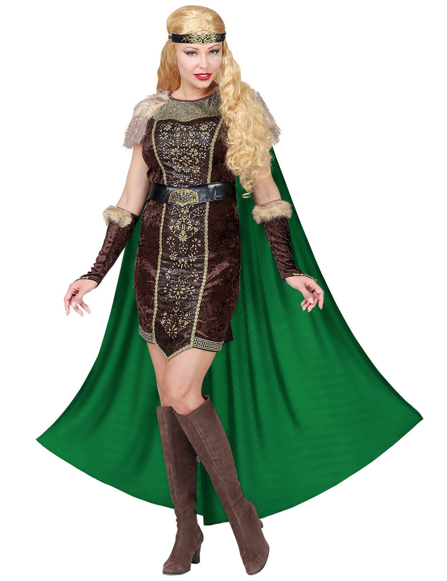 Vue de face du déguisement viking fourrure avec cape pour femme