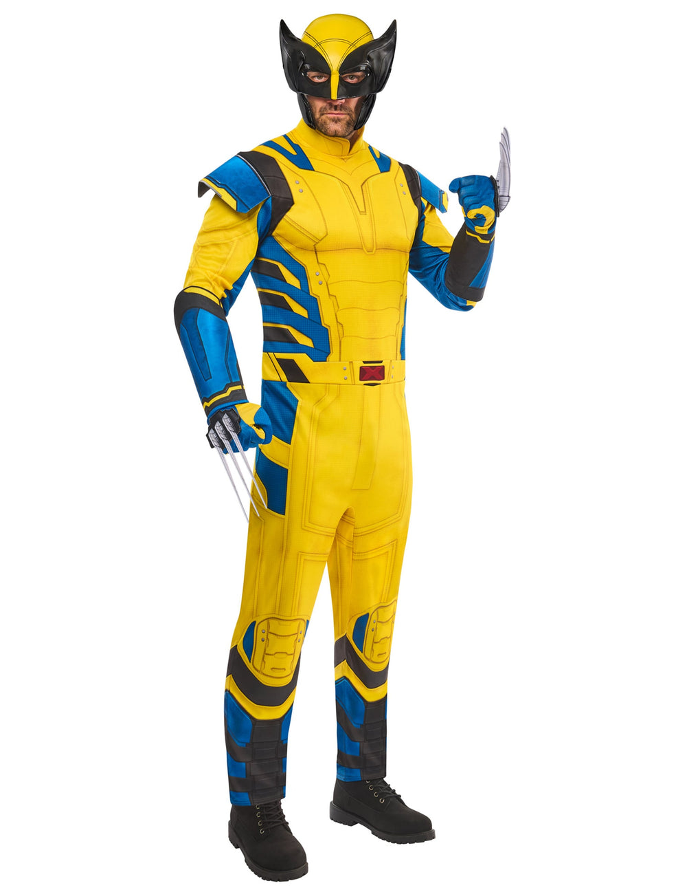 Déguisement Wolverine pour adulte jaune et bleu avec masque et griffes